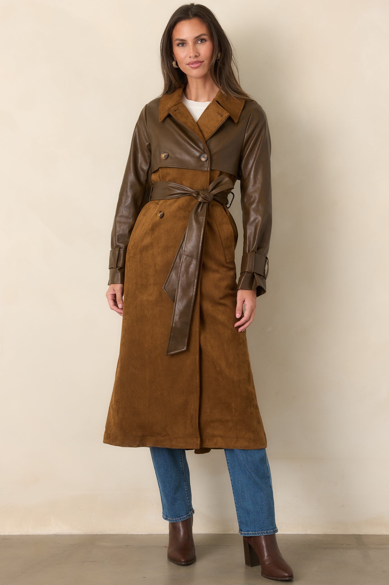 En Saison Yumi Brown Faux Leather Trench Coat