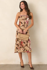 Among the Autumn Roses Mocha & Pink Floral Velvet Burnout Midi Dress