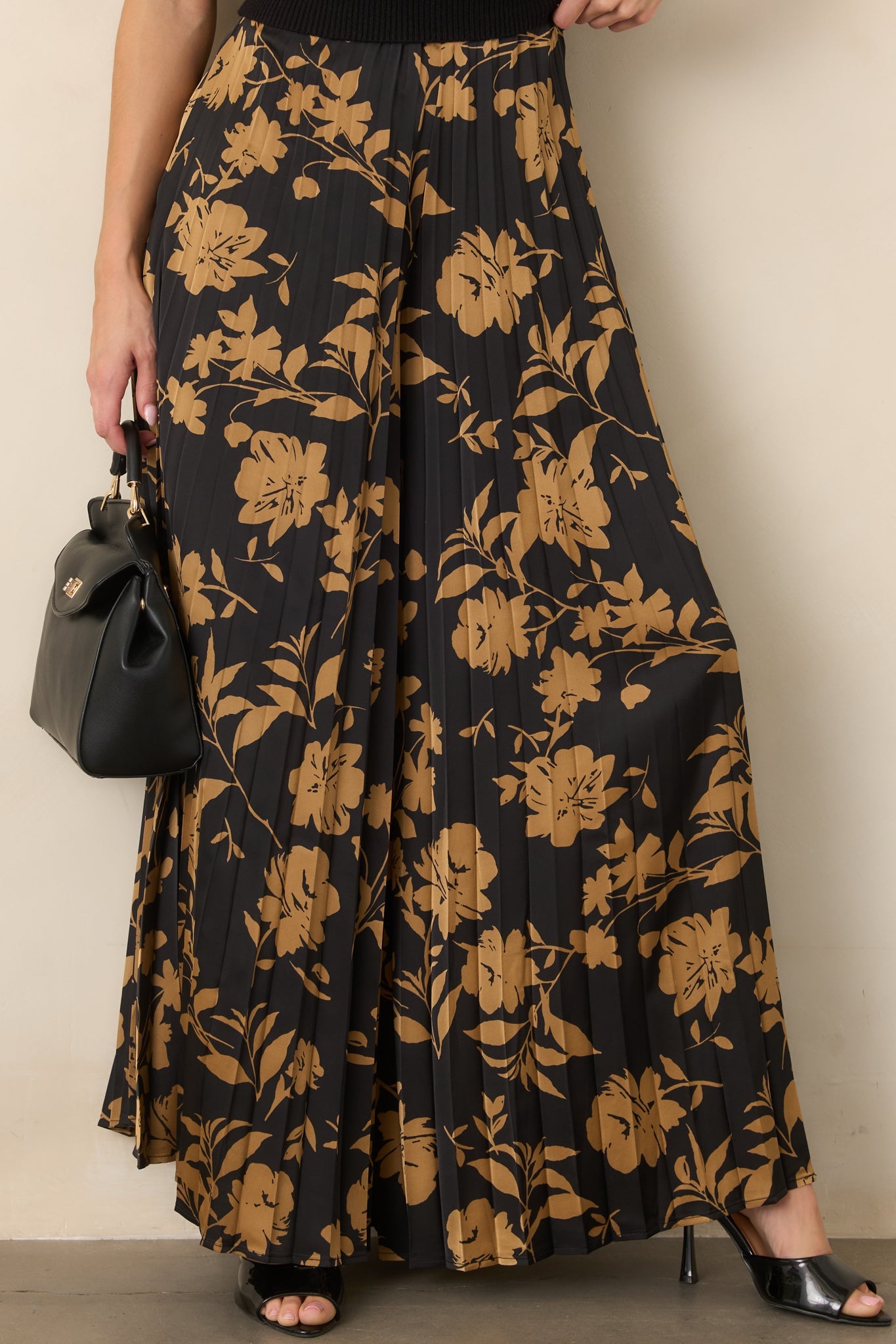 Allow Me to Elaborate Black & Gold Floral Pleated Palazzo Pants