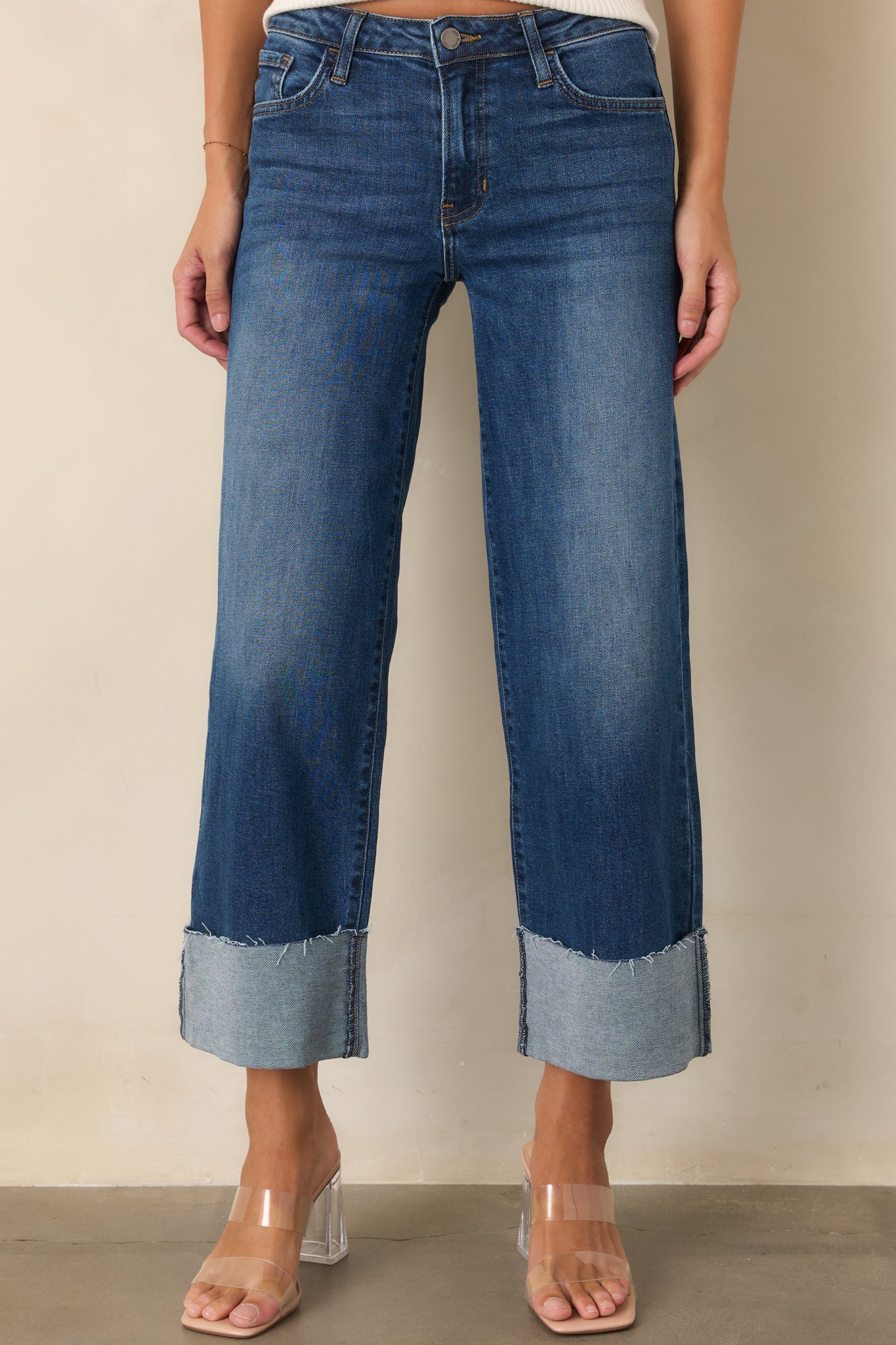 Best I've Seen Dark Wash Stretch Wide Leg Cuffed Jeans