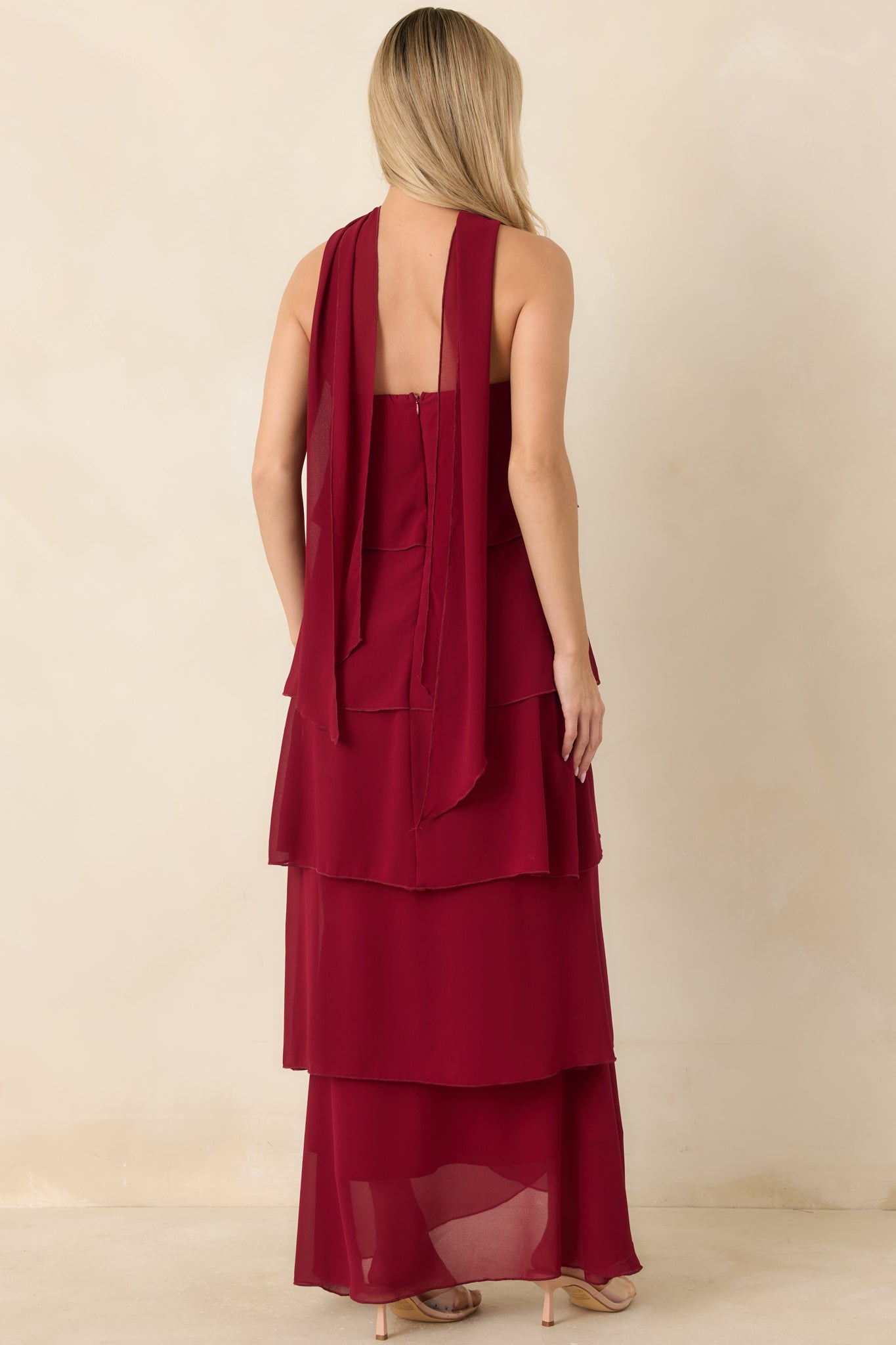 A Little Swept Away Wine Red Strapless Tiered Maxi Dress