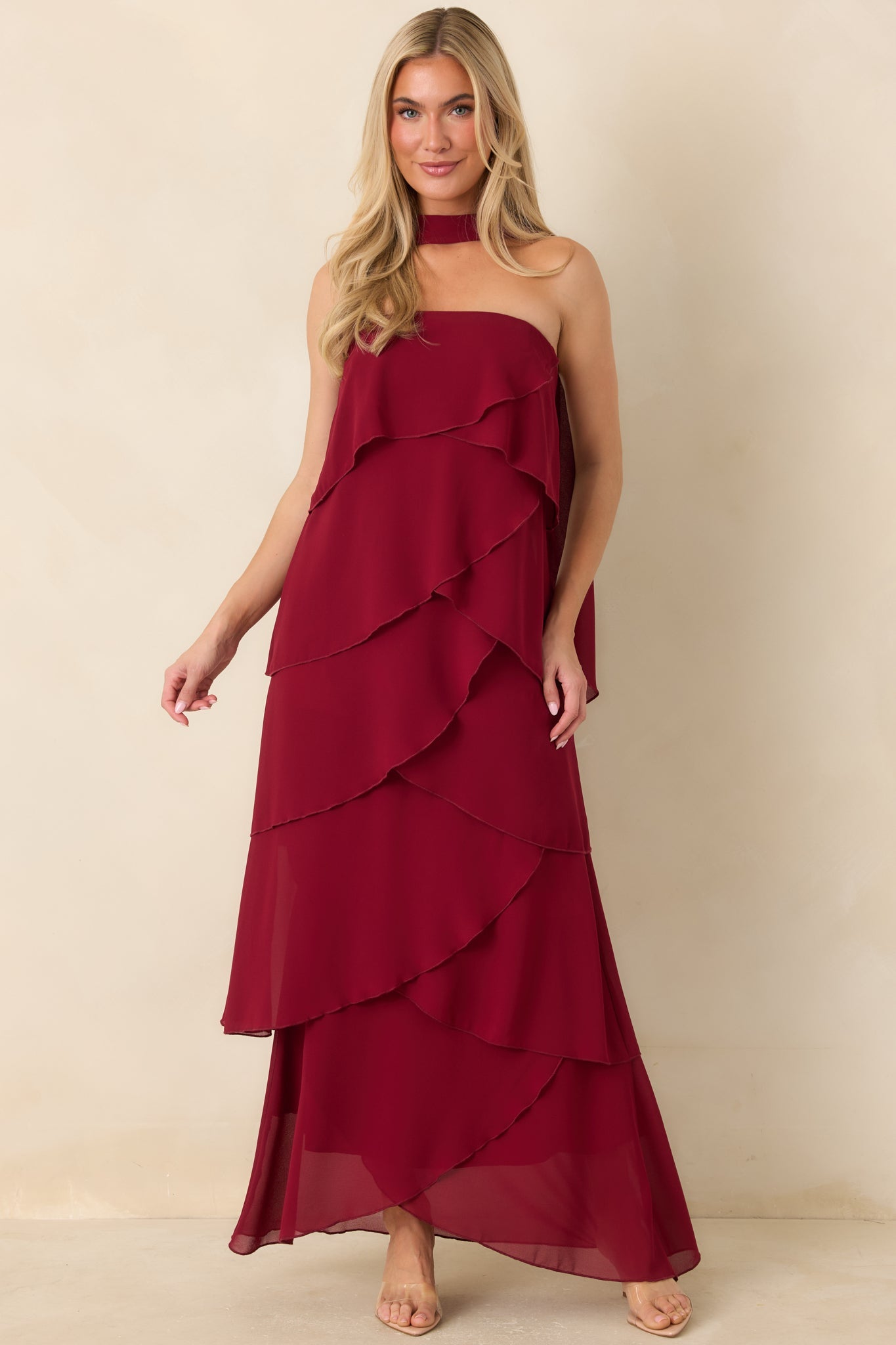 A Little Swept Away Wine Red Strapless Tiered Maxi Dress