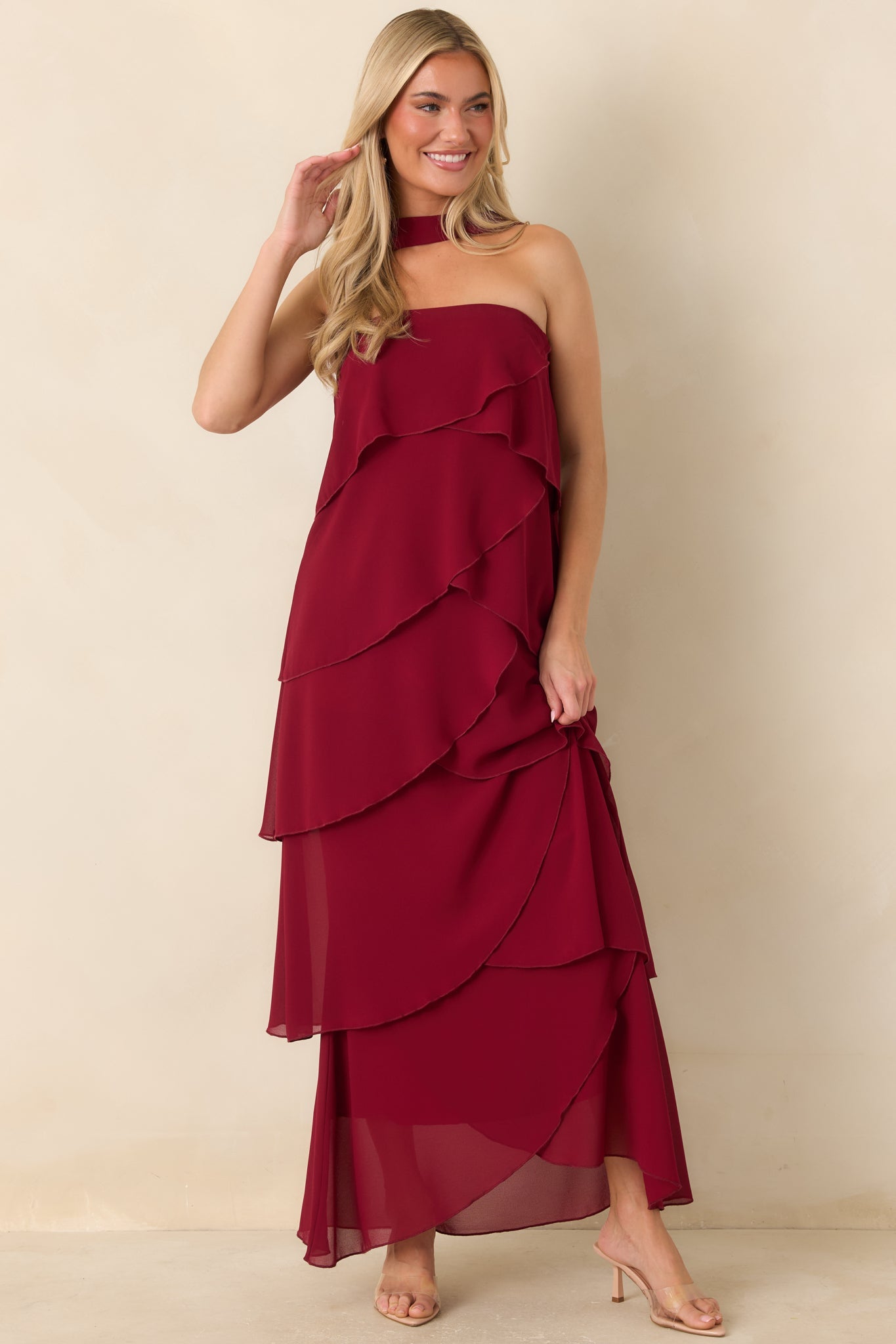 A Little Swept Away Wine Red Strapless Tiered Maxi Dress