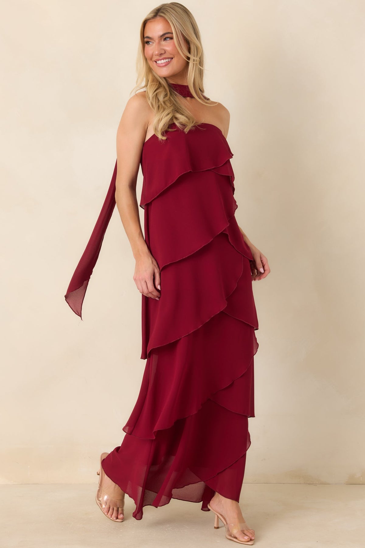 A Little Swept Away Wine Red Strapless Tiered Maxi Dress