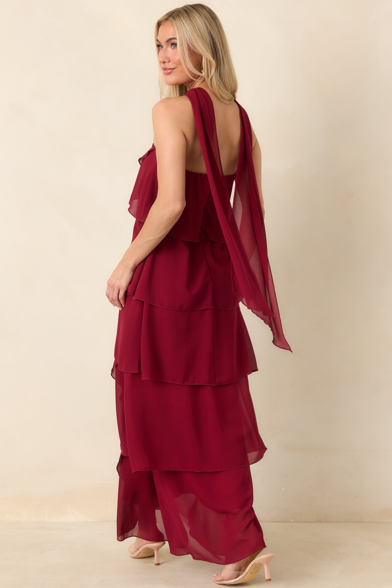 A Little Swept Away Wine Red Strapless Tiered Maxi Dress
