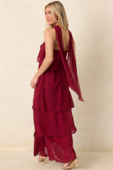 A Little Swept Away Wine Red Strapless Tiered Maxi Dress