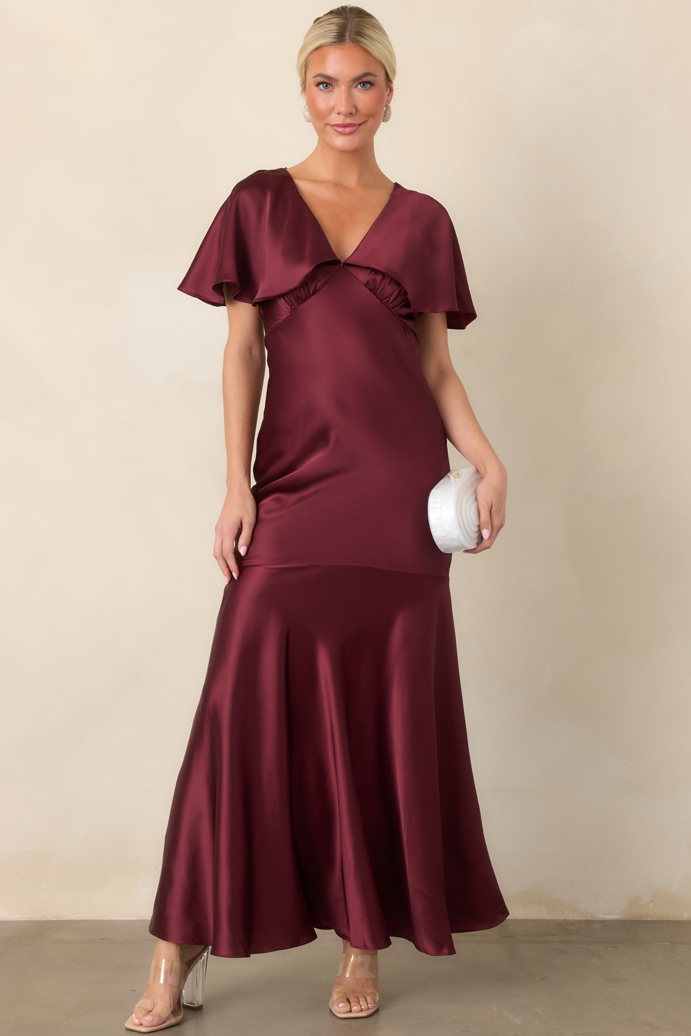 ASTR the Label Jamie Wine Satin Flutter Sleeve Maxi Dress