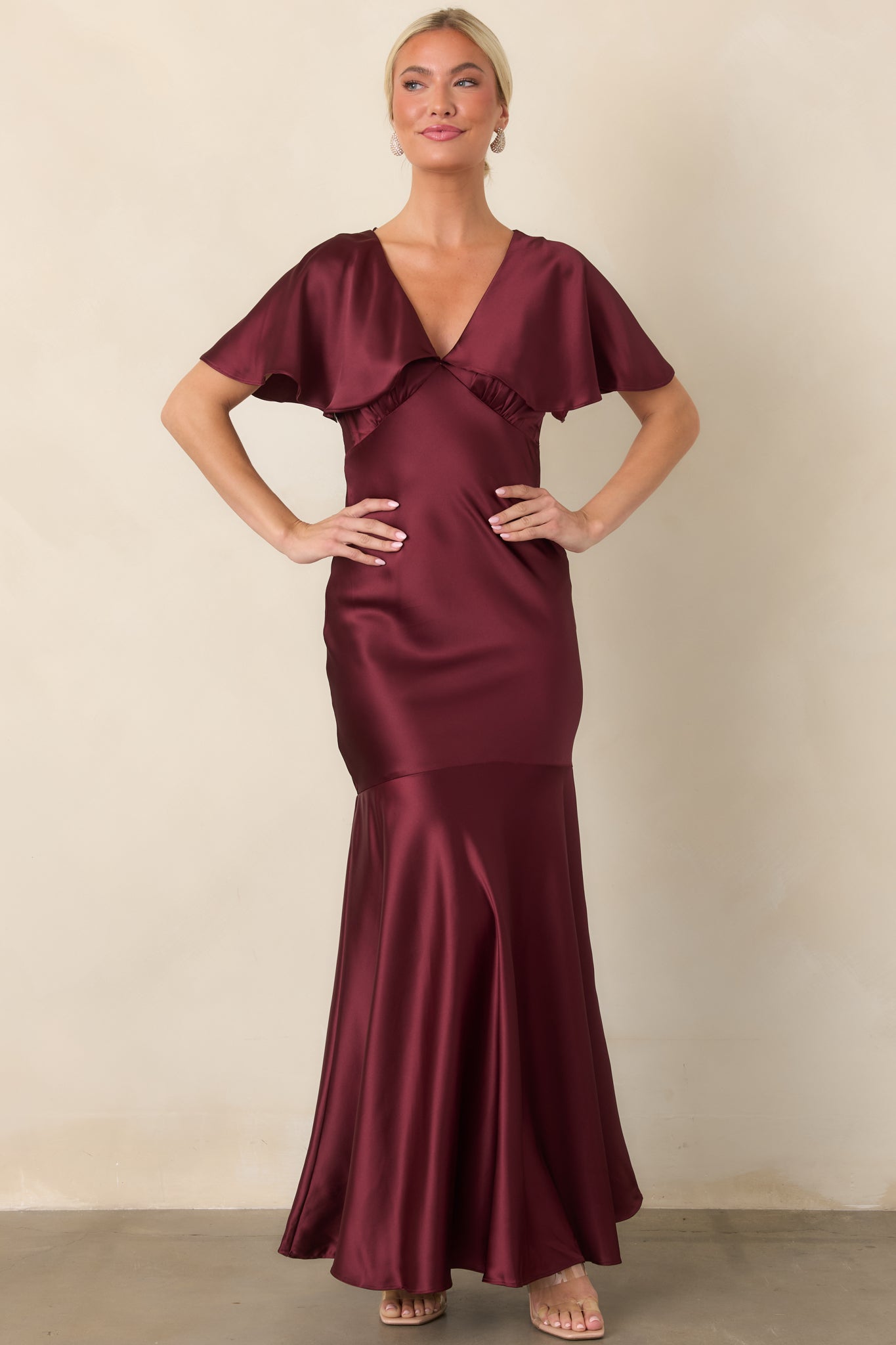 ASTR the Label Jamie Wine Satin Flutter Sleeve Maxi Dress
