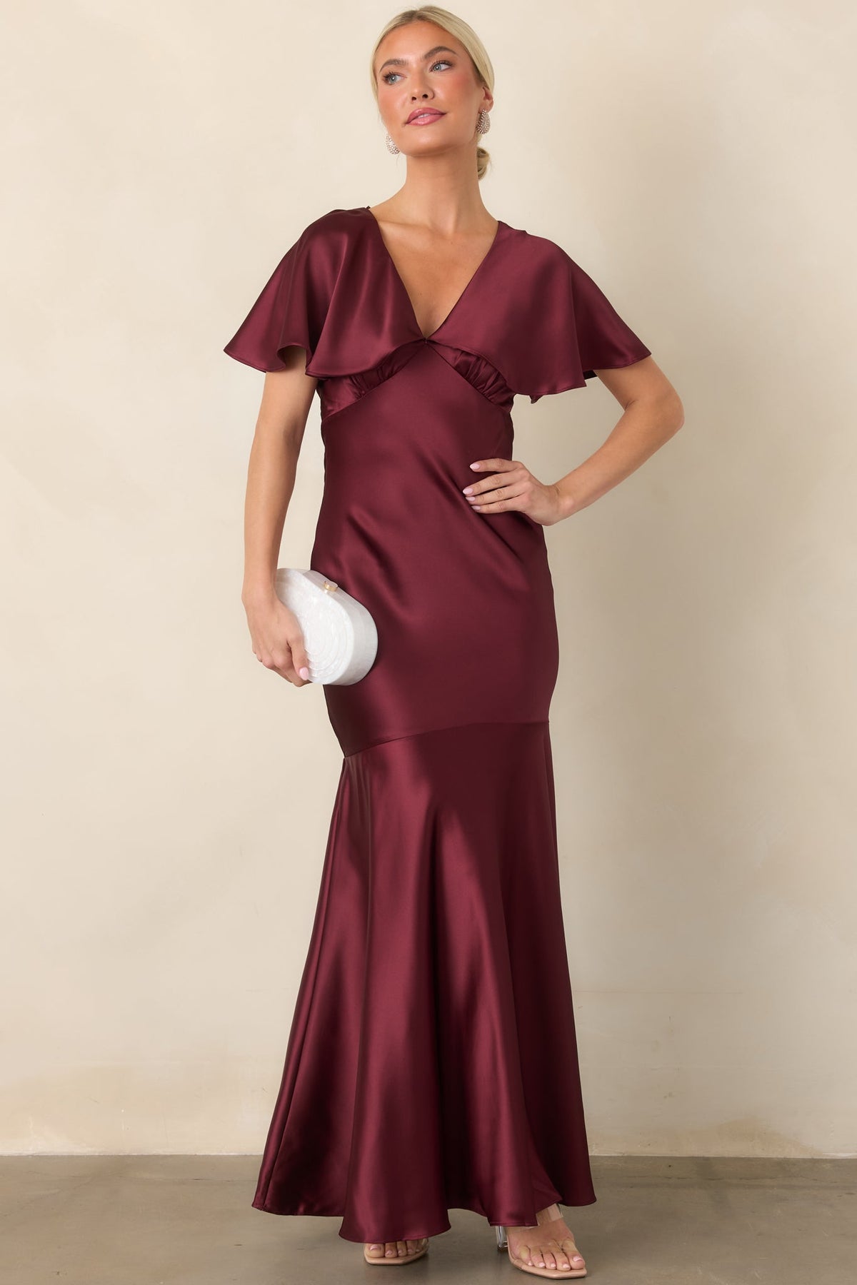 ASTR the Label Jamie Wine Satin Flutter Sleeve Maxi Dress