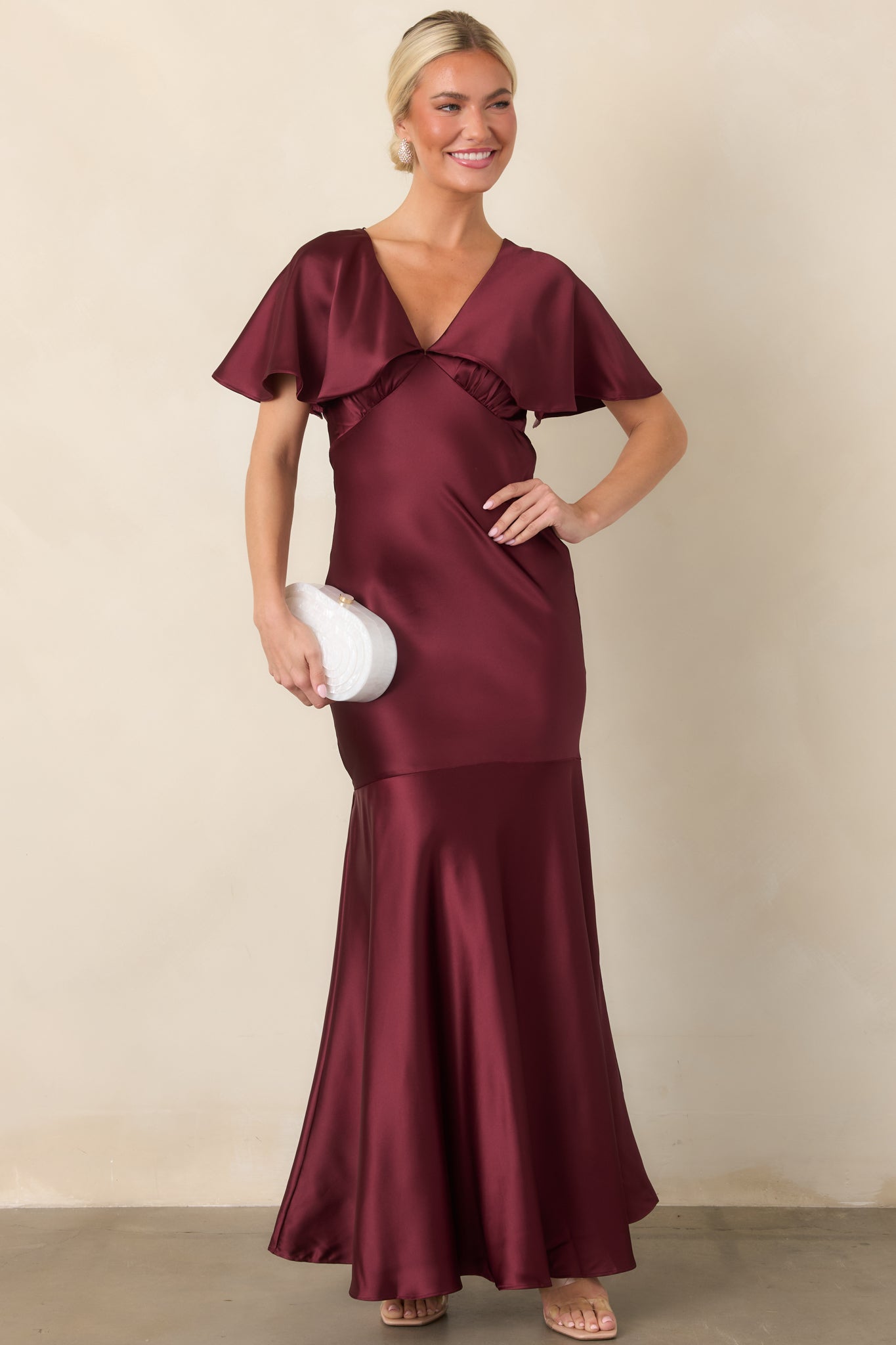 ASTR the Label Jamie Wine Satin Flutter Sleeve Maxi Dress