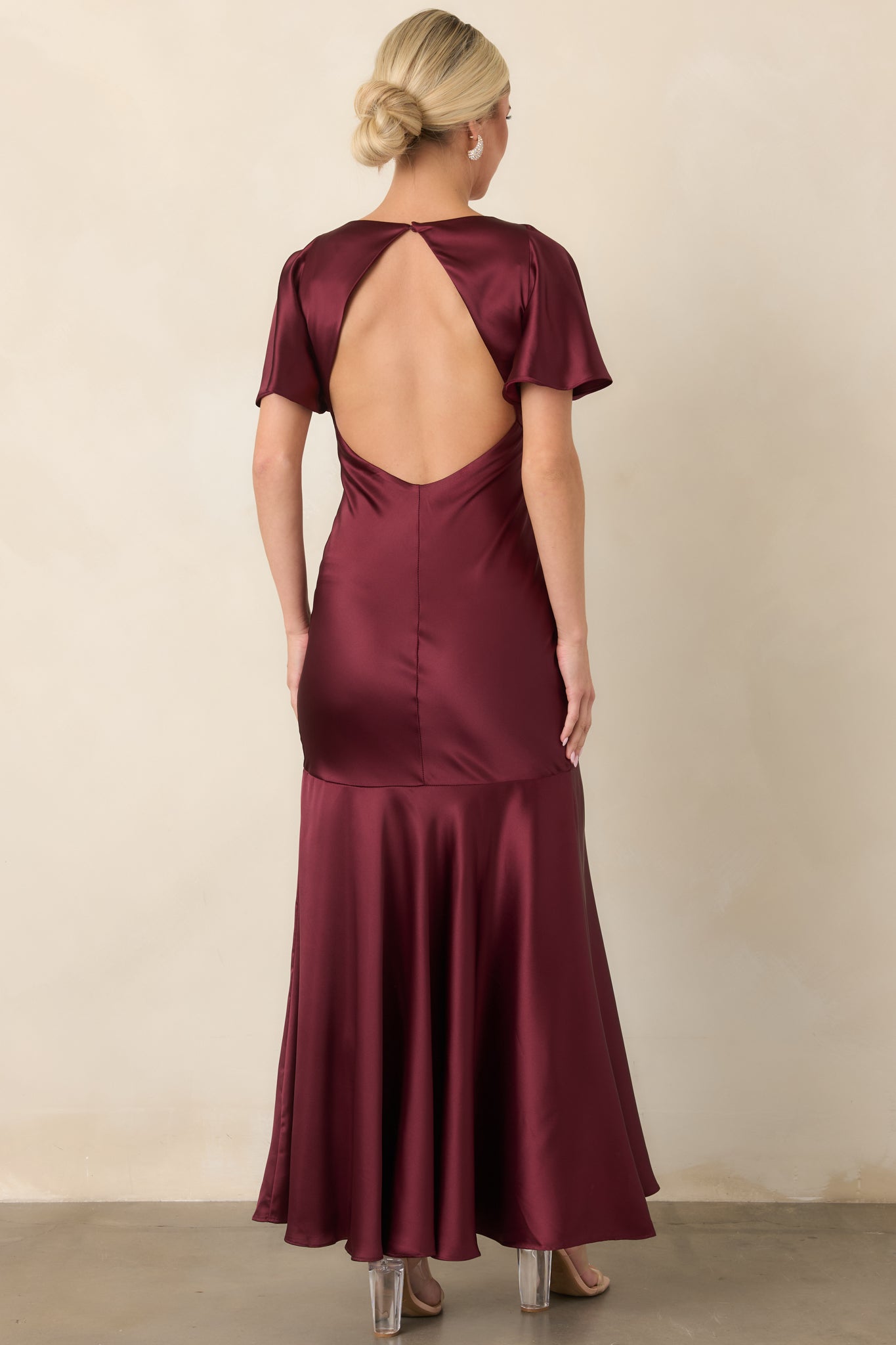 ASTR the Label Jamie Wine Satin Flutter Sleeve Maxi Dress