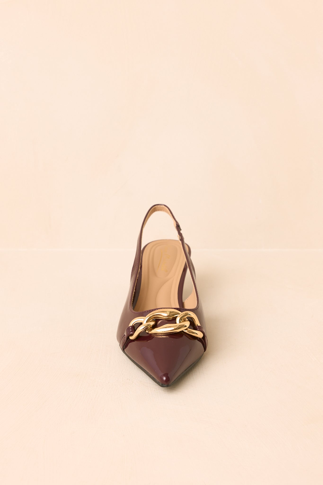 Chain of Events Plum Patent Gold Chain Slingback Kitten Heels