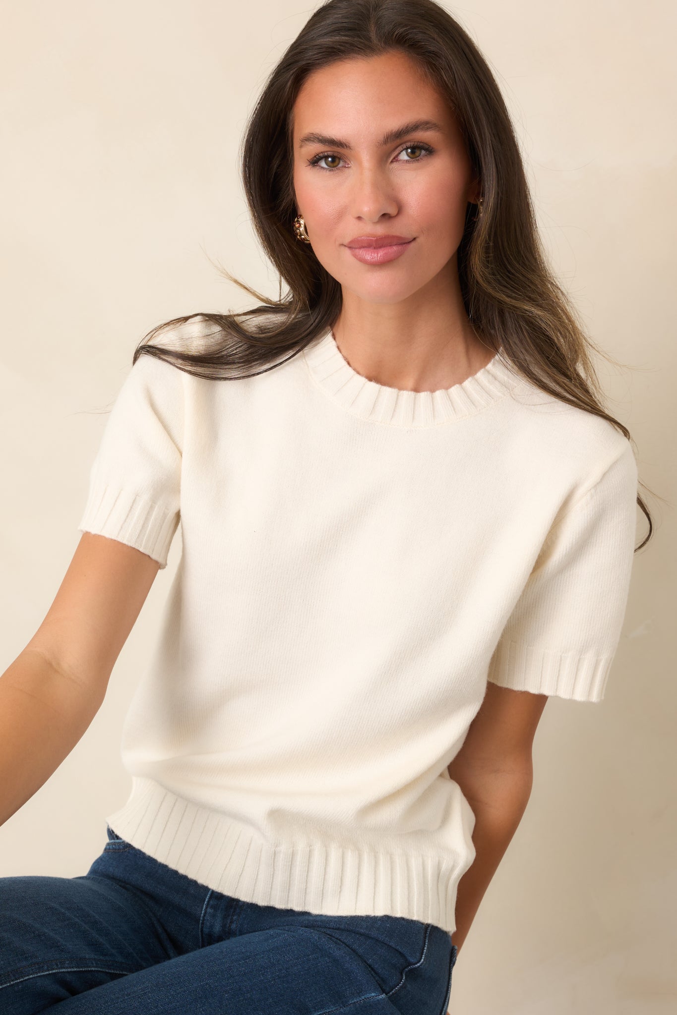 Astrid Maisie Ivory Knit Short Sleeve Sweater