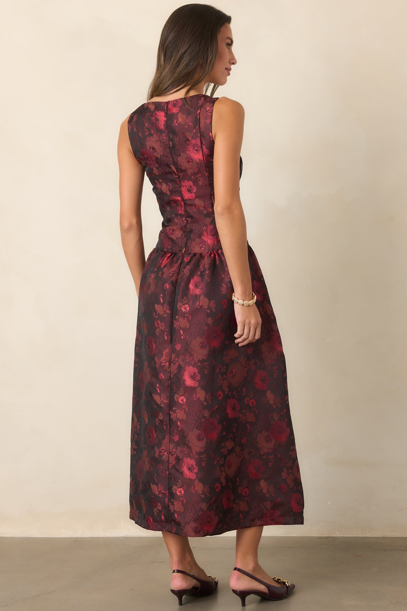 A Beautiful Thing Burgundy Floral Jacquard Midi Dress
