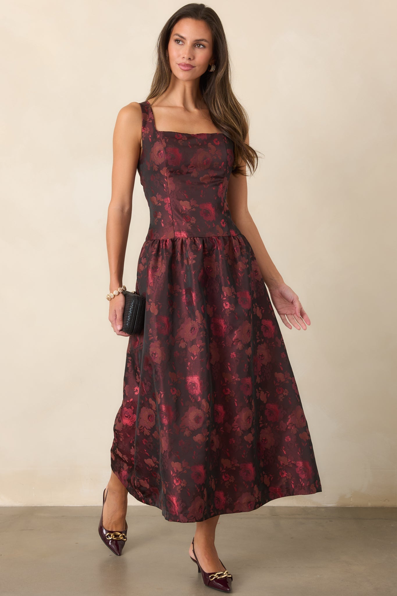 A Beautiful Thing Burgundy Floral Jacquard Midi Dress