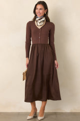 All Nicely Arranged Dark Brown Knit Bodice Satin Midi Dress