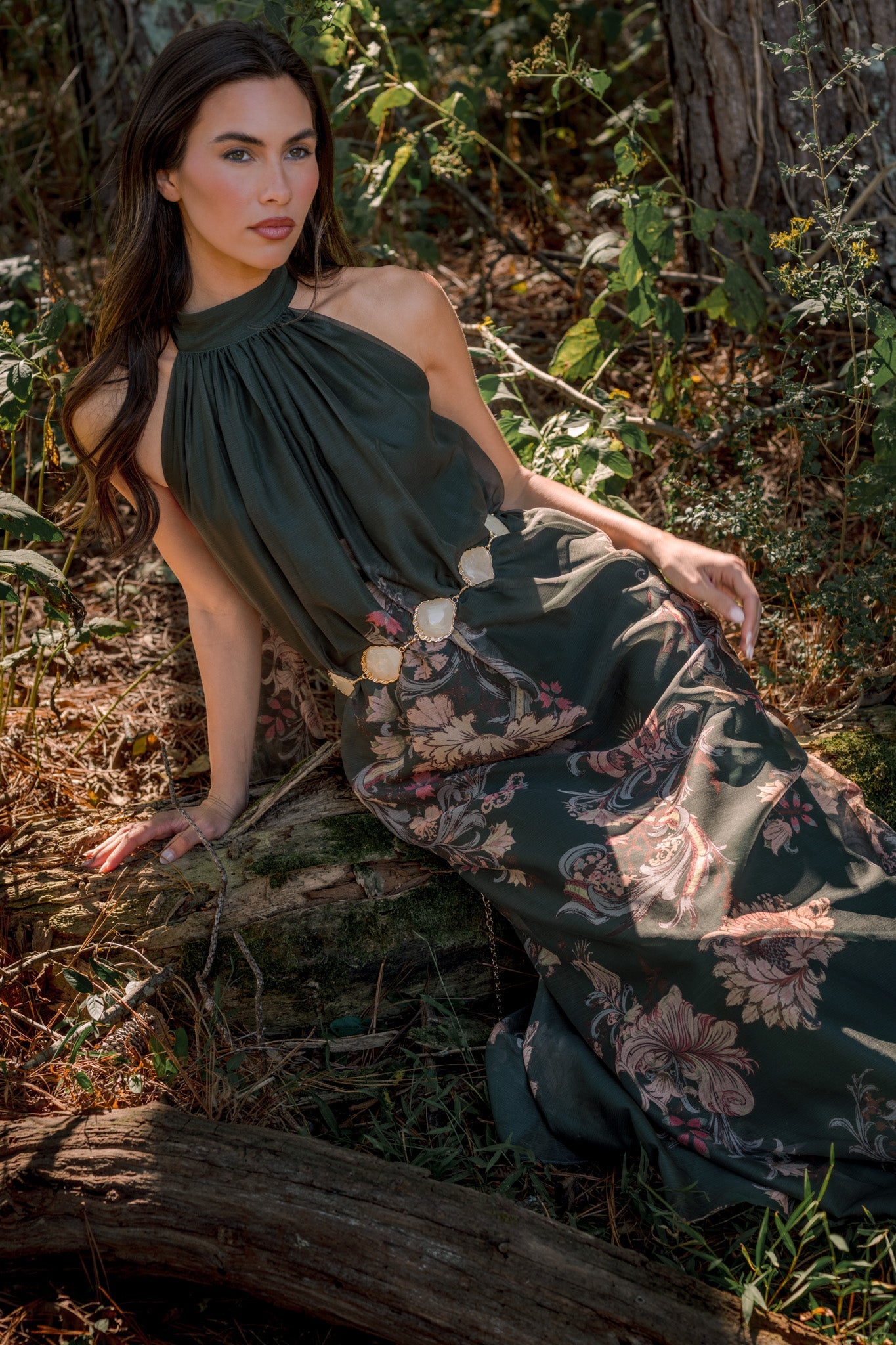 All That I Hoped For Forest Green Multi Floral Halter Maxi Dress